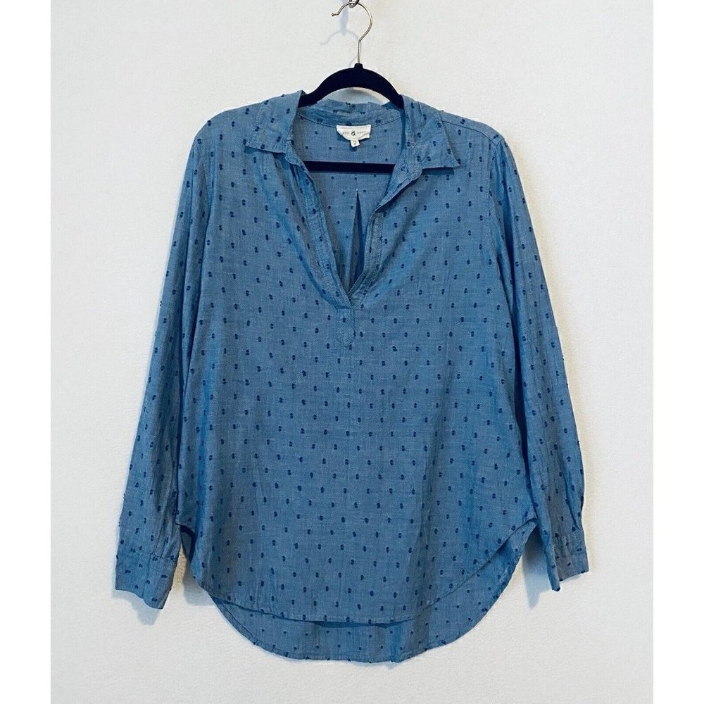Lou and Grey Top Womens Medium Chambray Popover Swiss Dot Cotton Long Sleeve